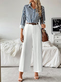 SHEIN Raffinéa Striped Collar Casual Shirt And White Straight-Leg Pants Combination