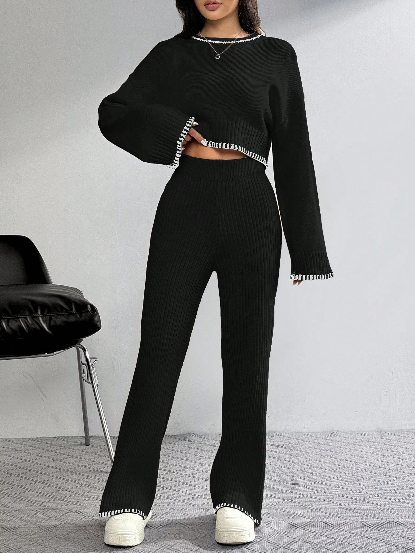 SHEIN EZwear Women's Dropped Shoulder Long Sleeve Sweater And Flared Pants Casual 2 Pieces Set