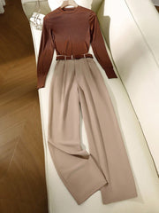 High-End Temperament Brown Striped Top With Khaki Trousers And Metal Buckle Belt