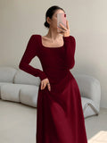 SHEIN EastFlair Korean Fashion Women's Red Holiday Party Ruched Waist Elegant Long Sleeve Long Dress