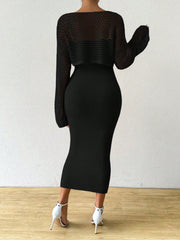 SHEIN Raffinéa 2pcs Elegant Women`S Solid Color Hollow-Out Long Sleeve Sweater & Sleeveless Knit Dress Set