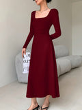 SHEIN EastFlair Korean Fashion Women's Red Holiday Party Ruched Waist Elegant Long Sleeve Long Dress