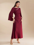 SHEIN Modely Burgundy Red Ladies' Solid Color Simple Arabian Daily Modest Long Sleeve Dress