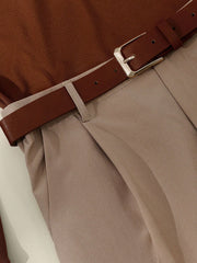 High-End Temperament Brown Striped Top With Khaki Trousers And Metal Buckle Belt