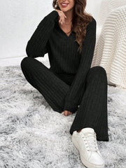 2pcs Women Winter New Apricot Basic Warm Homewear Set, Polo Collar Long Pants Brown Lounge Set