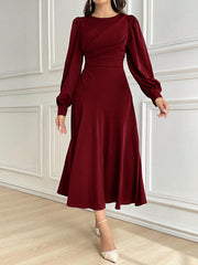 SHEIN Modely Burgundy Red Women Solid Color Round Neck Lantern Sleeve Pleated Elegant Mid-Length Dress