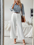 SHEIN Raffinéa Striped Collar Casual Shirt And White Straight-Leg Pants Combination