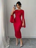 SHEIN Allurite Women Elegant Ruffle Sleeve Side Slit Fitted And Flared Midi Dress