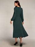 SHEIN Modely Women's Solid Color Round Neck Long Sleeve Ruched Simple Casual Long Dress