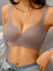 Simple Solid Color Thin Wireless Comfortable Full Coverage Seamless Bra With Gathering Effect, Side Slimming And Anti-Sagging Function