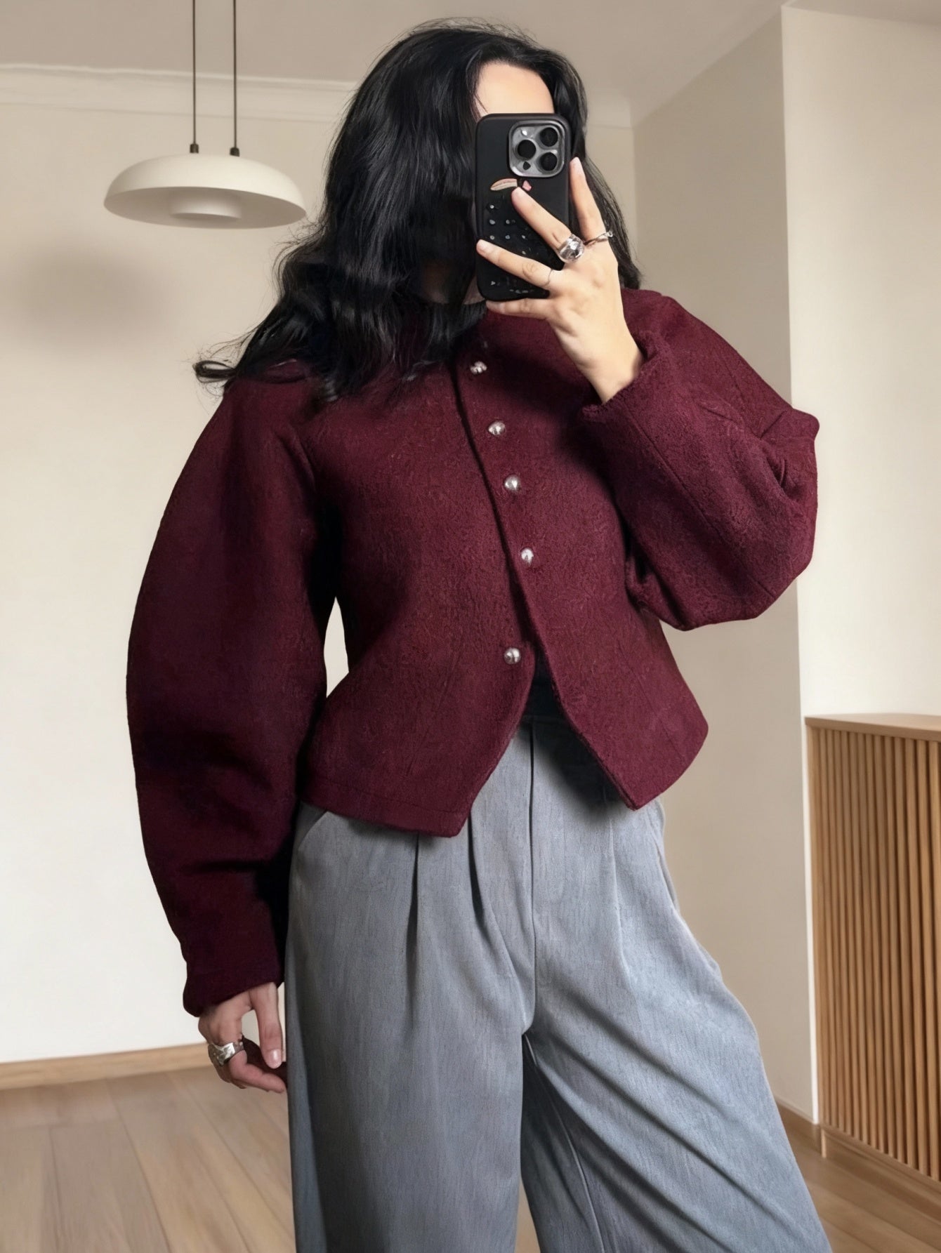 Wine Red Front Button Vintage Coin Design Short Warm Overcoat – WearWest