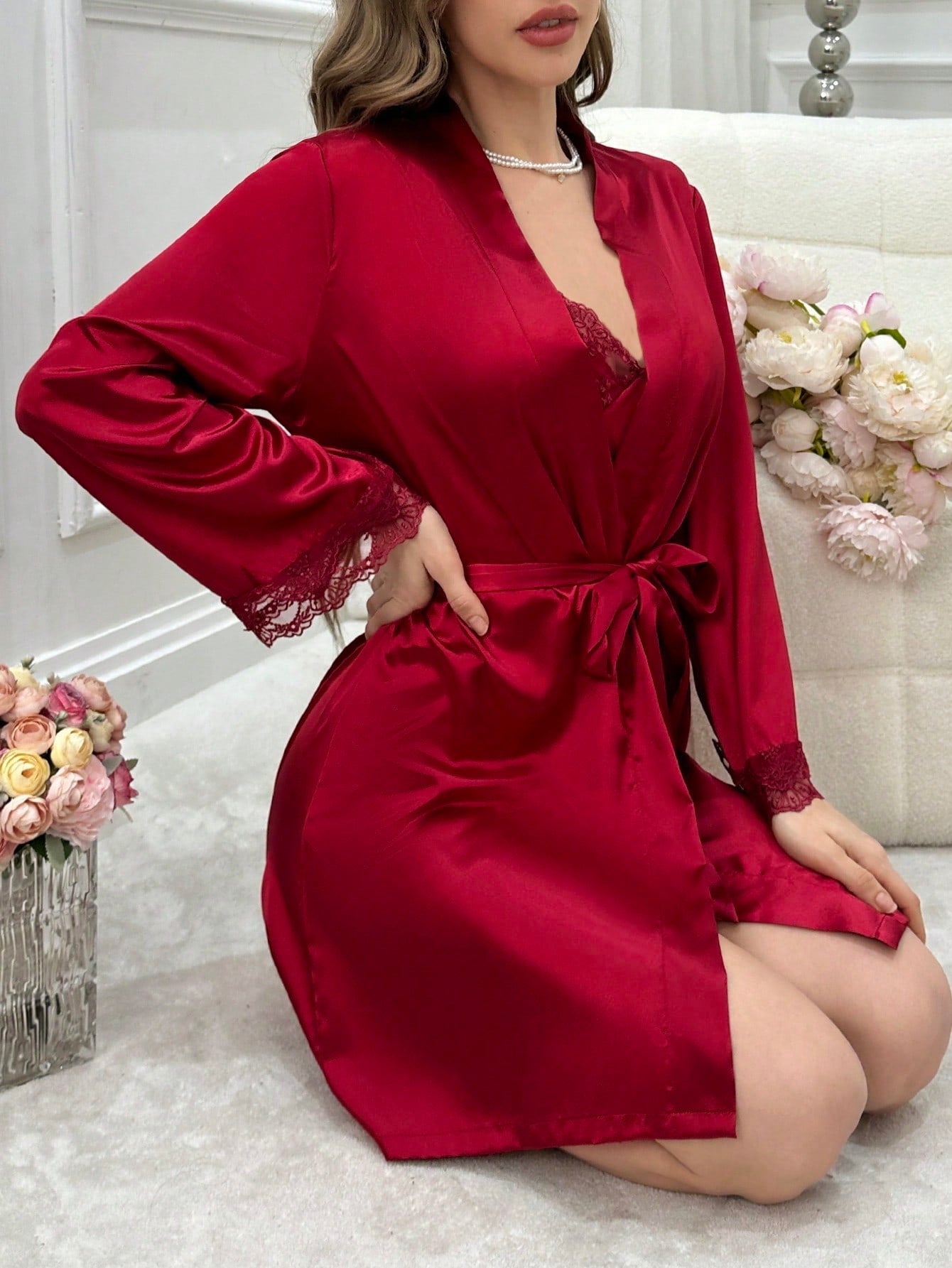 Lace Trimmed Cami Slip Dress And Robe Pajama Set