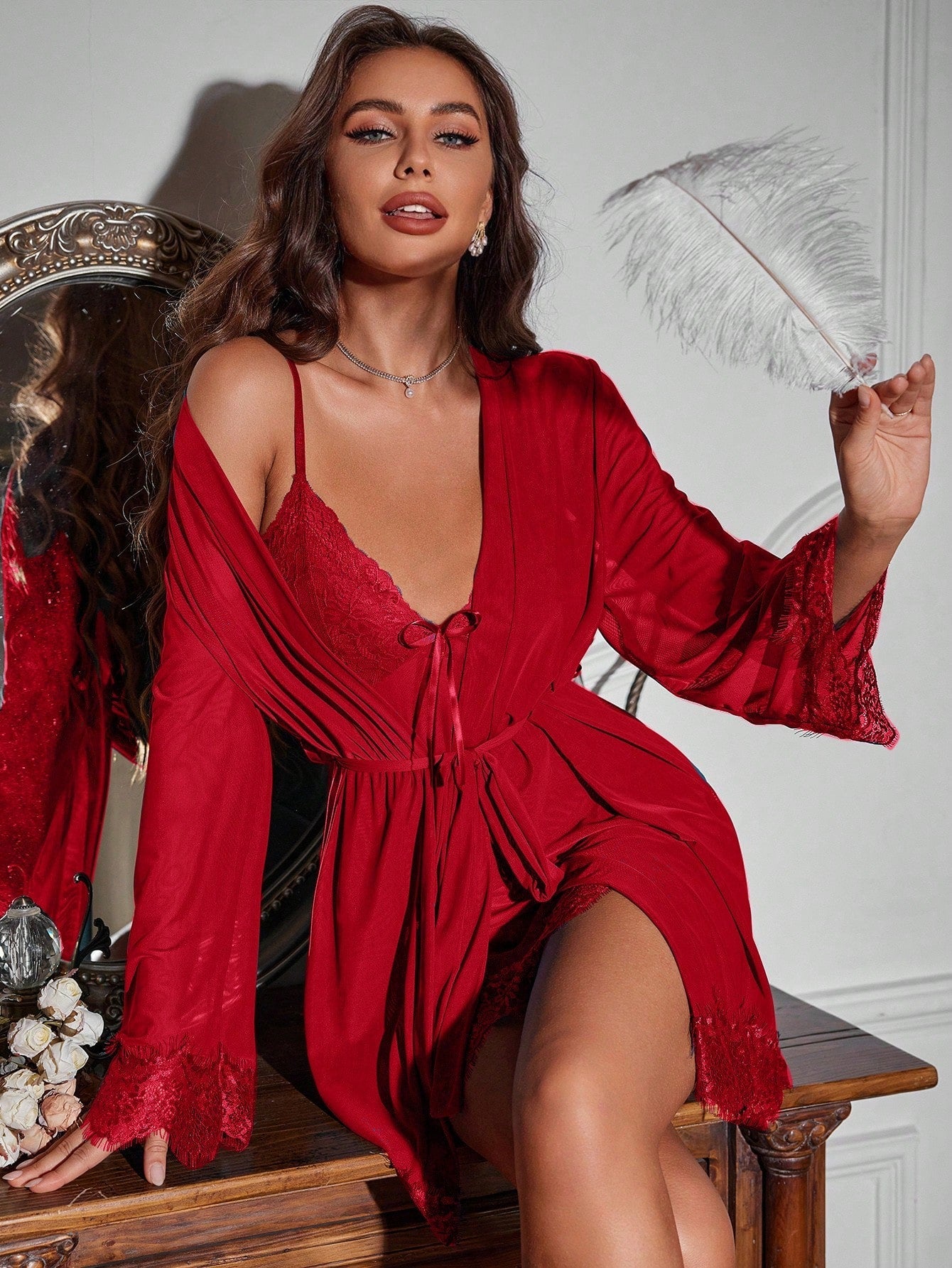 Women Sexy Solid Color Lace Splice Pajama Set