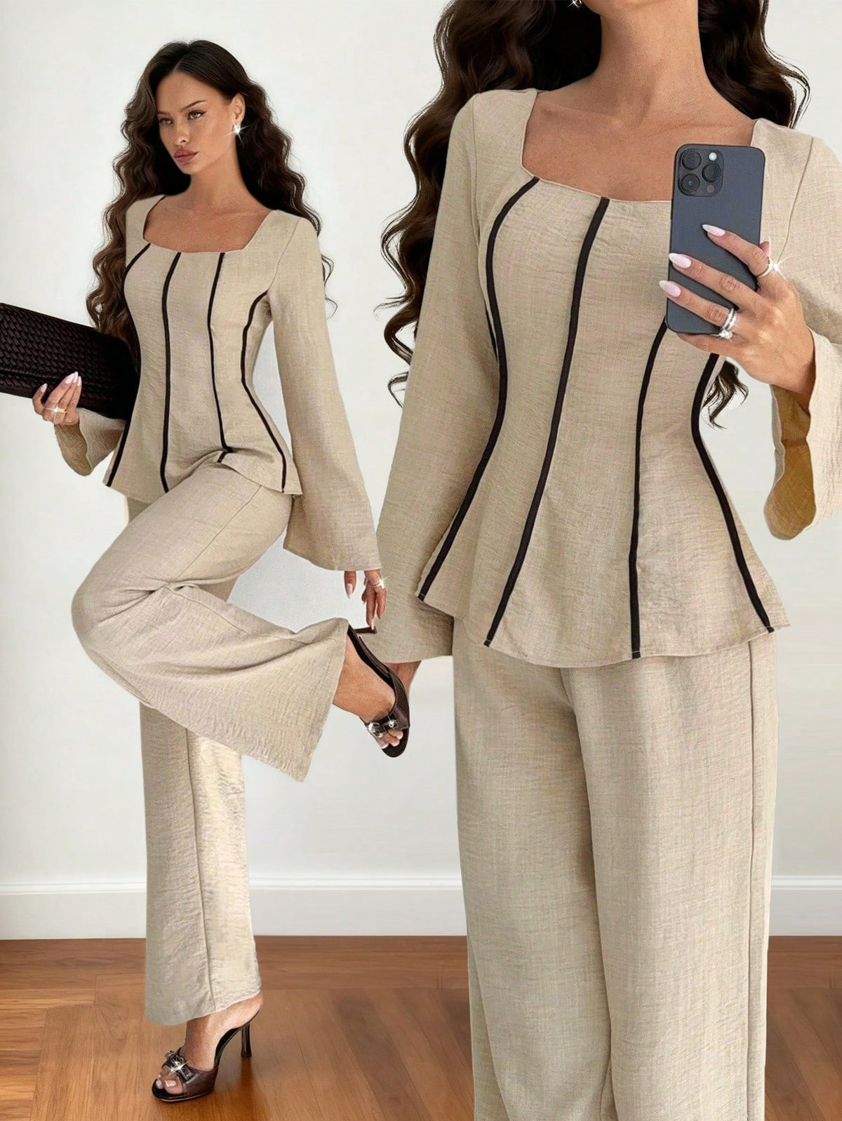 2pcs Contrast Trim Flare Sleeve Shirt And Pants Set
