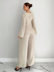 2pcs Contrast Trim Flare Sleeve Shirt And Pants Set