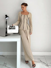2pcs Contrast Trim Flare Sleeve Shirt And Pants Set