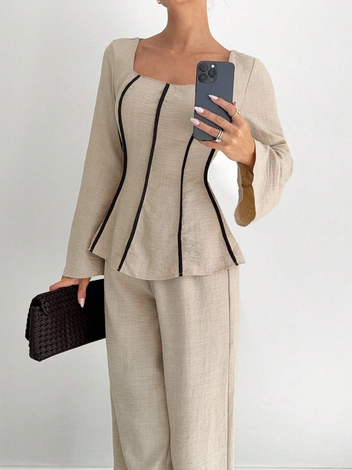 2pcs Contrast Trim Flare Sleeve Shirt And Pants Set