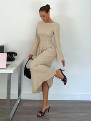 Women's Elegant Solid Color Cinched Waist Long Sleeve Dress