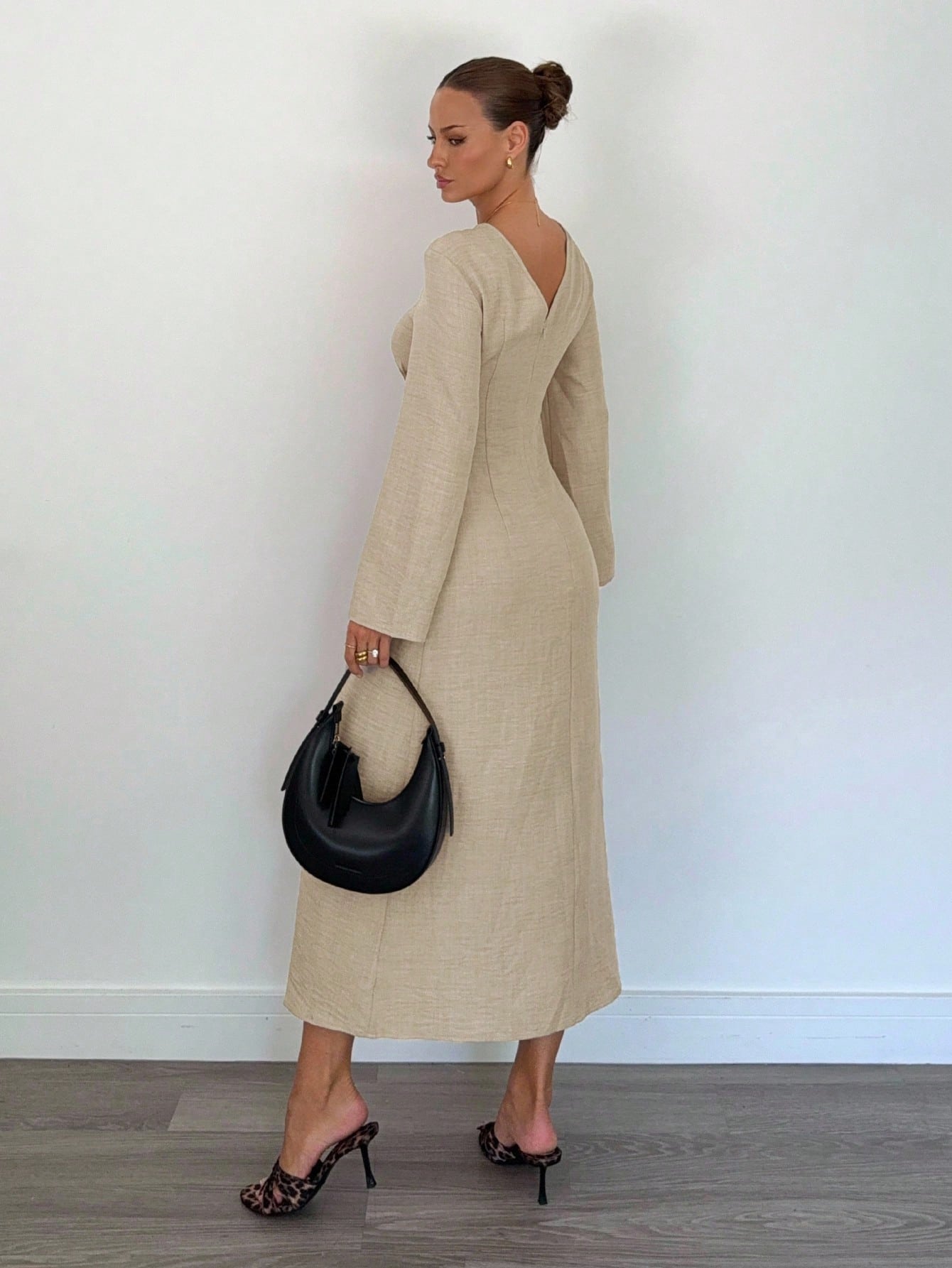 Women's Elegant Solid Color Cinched Waist Long Sleeve Dress