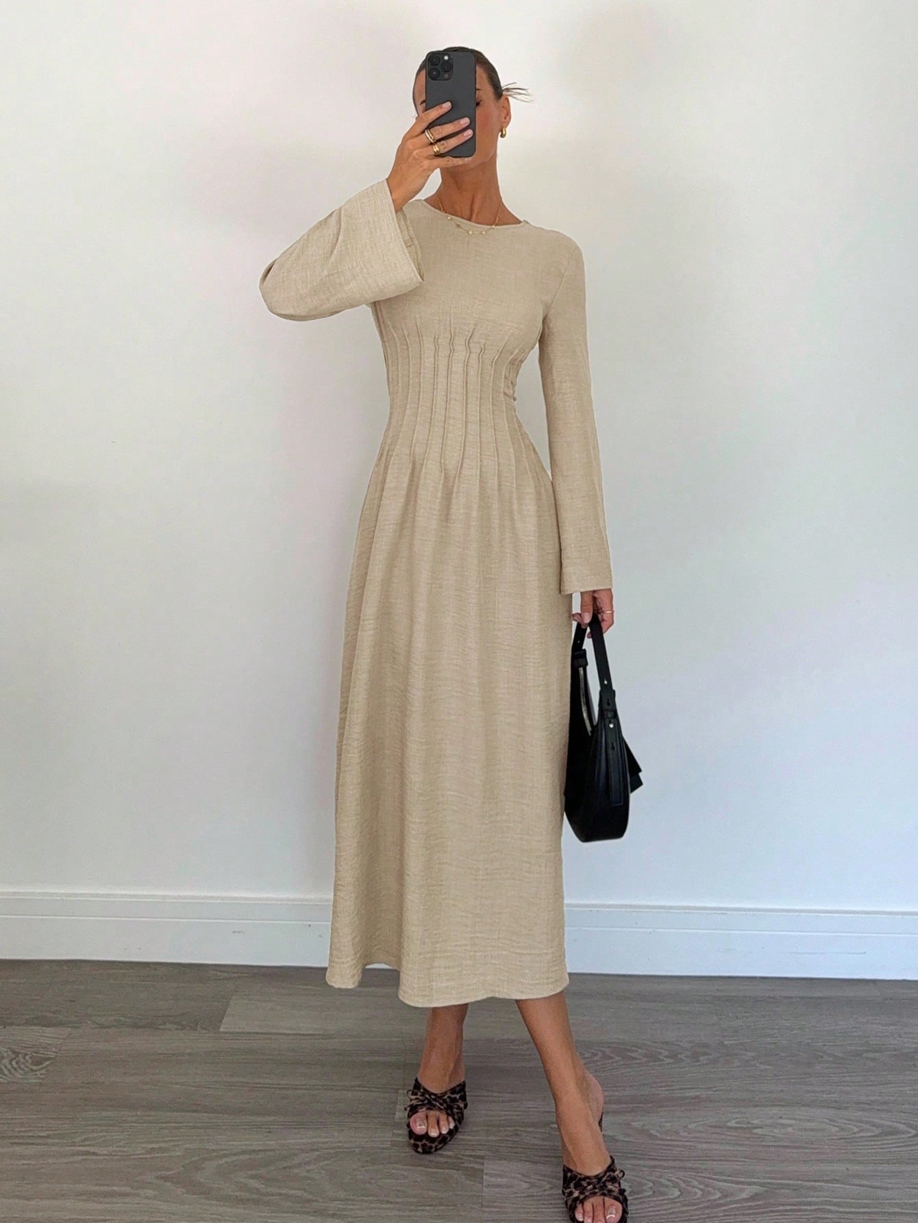 Women's Elegant Solid Color Cinched Waist Long Sleeve Dress