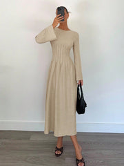 Women's Elegant Solid Color Cinched Waist Long Sleeve Dress