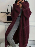 Shein Solid Open Front Loose Knit Cardigan, Casual Long Sleeve Long Length Sweater With Pocket