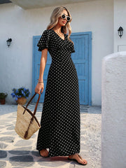 Shein Vivid Eden Wave Pattern V-Neck Short Sleeve Fitted Women's Dress