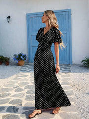 Shein Vivid Eden Wave Pattern V-Neck Short Sleeve Fitted Women's Dress