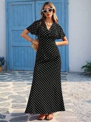 Shein Vivid Eden Wave Pattern V-Neck Short Sleeve Fitted Women's Dress