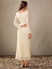 Women's Flared Sleeves Solid Color Round Neck Long Sleeve Fitted Mermaid Hem White Elegant Dress Crochet Dress