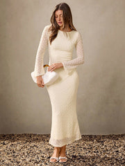Women's Flared Sleeves Solid Color Round Neck Long Sleeve Fitted Mermaid Hem White Elegant Dress Crochet Dress