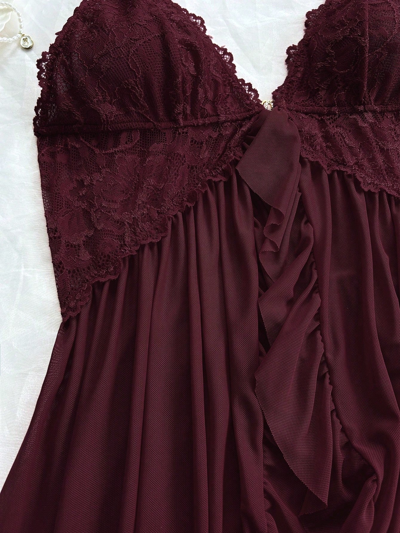 Sexy Solid Color Lace Camisole Nightgown With Matching Lace Panties