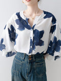 Shein Flower-Printed Button Ruffled Front-Buttoned Women's Shirt