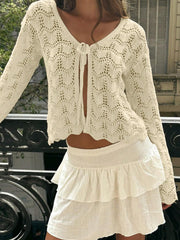 Women's Summer Beach Cover Up Cardigan - Hollow Out Knitwear Top With Bowknot, V-Neck Loose Drop Shoulder Design, Lightweight Vacation Kimono