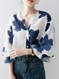 Shein Flower-Printed Button Ruffled Front-Buttoned Women's Shirt