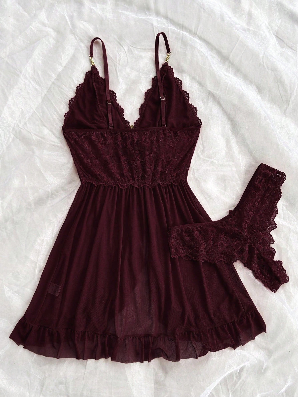 Sexy Solid Color Lace Camisole Nightgown With Matching Lace Panties