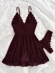 Sexy Solid Color Lace Camisole Nightgown With Matching Lace Panties
