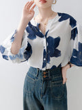 Shein Flower-Printed Button Ruffled Front-Buttoned Women's Shirt