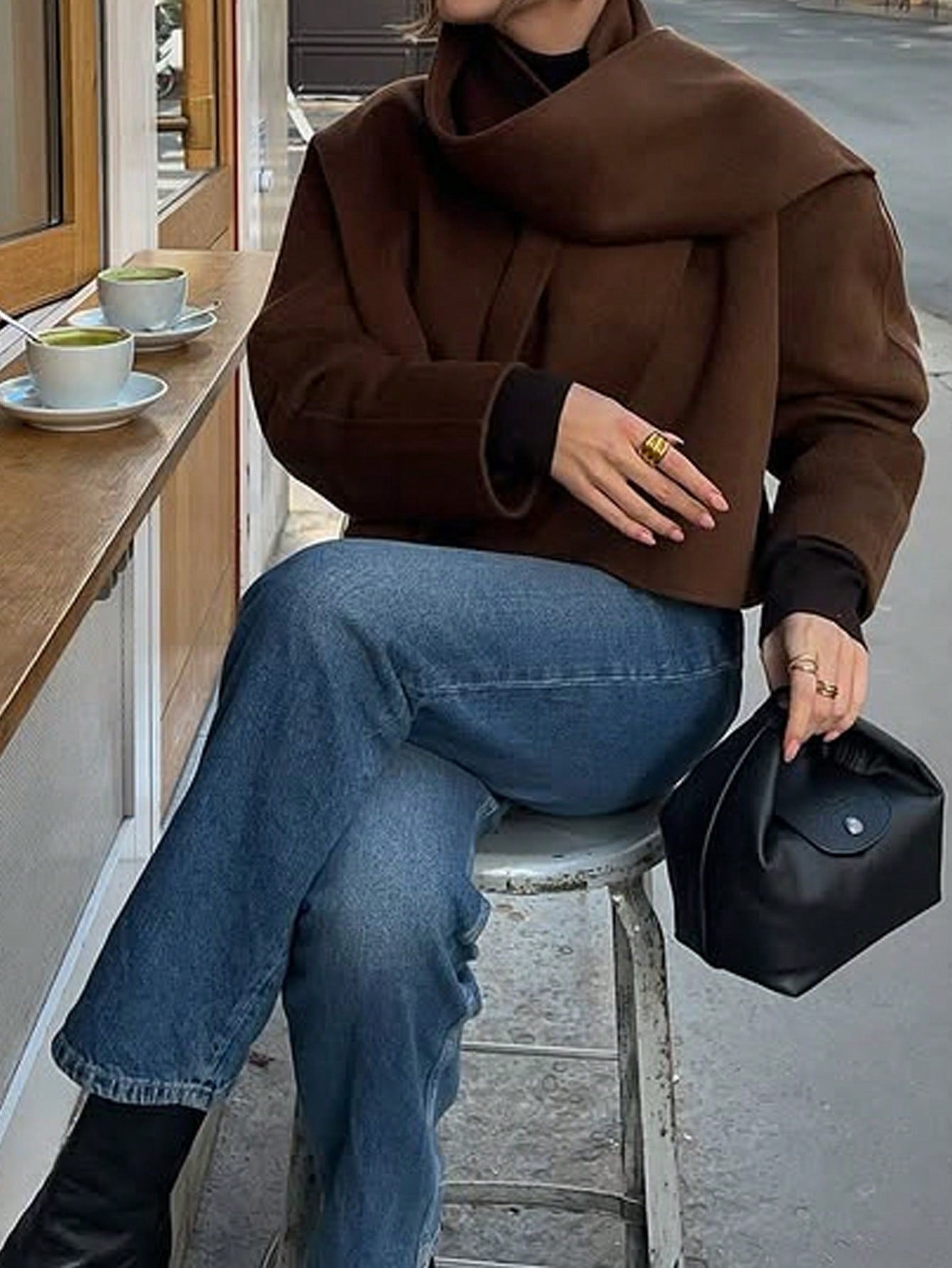 2 pc Elegant Solid Color V-Neck Long Sleeve Short Overcoat with scarf