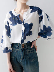 Flower-Printed Button Ruffled Front-Buttoned Women's Shirt
