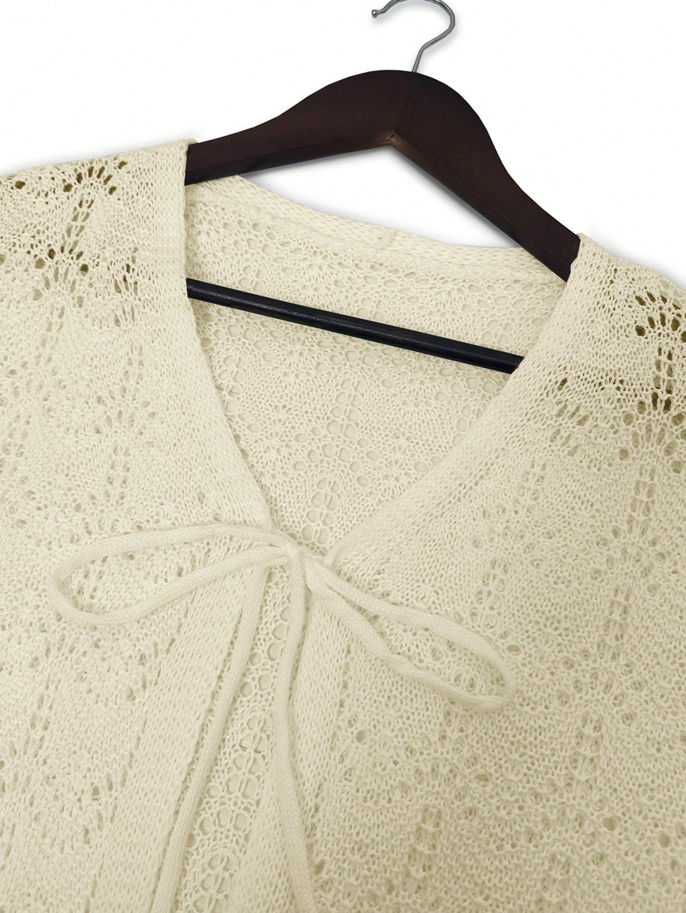 Women's Summer Beach Cover Up Cardigan - Hollow Out Knitwear Top With Bowknot, V-Neck Loose Drop Shoulder Design, Lightweight Vacation Kimono