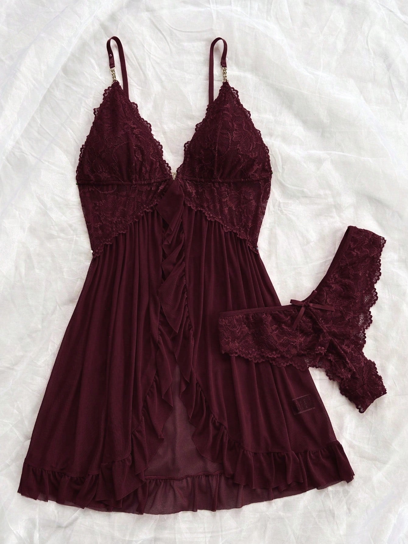 Sexy Solid Color Lace Camisole Nightgown With Matching Lace Panties