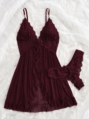 Sexy Solid Color Lace Camisole Nightgown With Matching Lace Panties