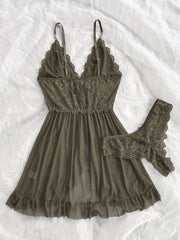 Sexy Solid Color Lace Camisole Nightgown With Matching Lace Panties