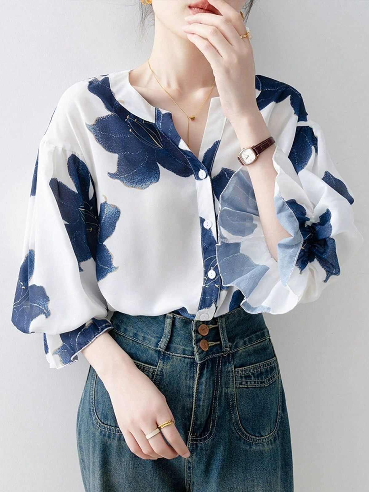 Flower-Printed Button Ruffled Front-Buttoned Women's Shirt
