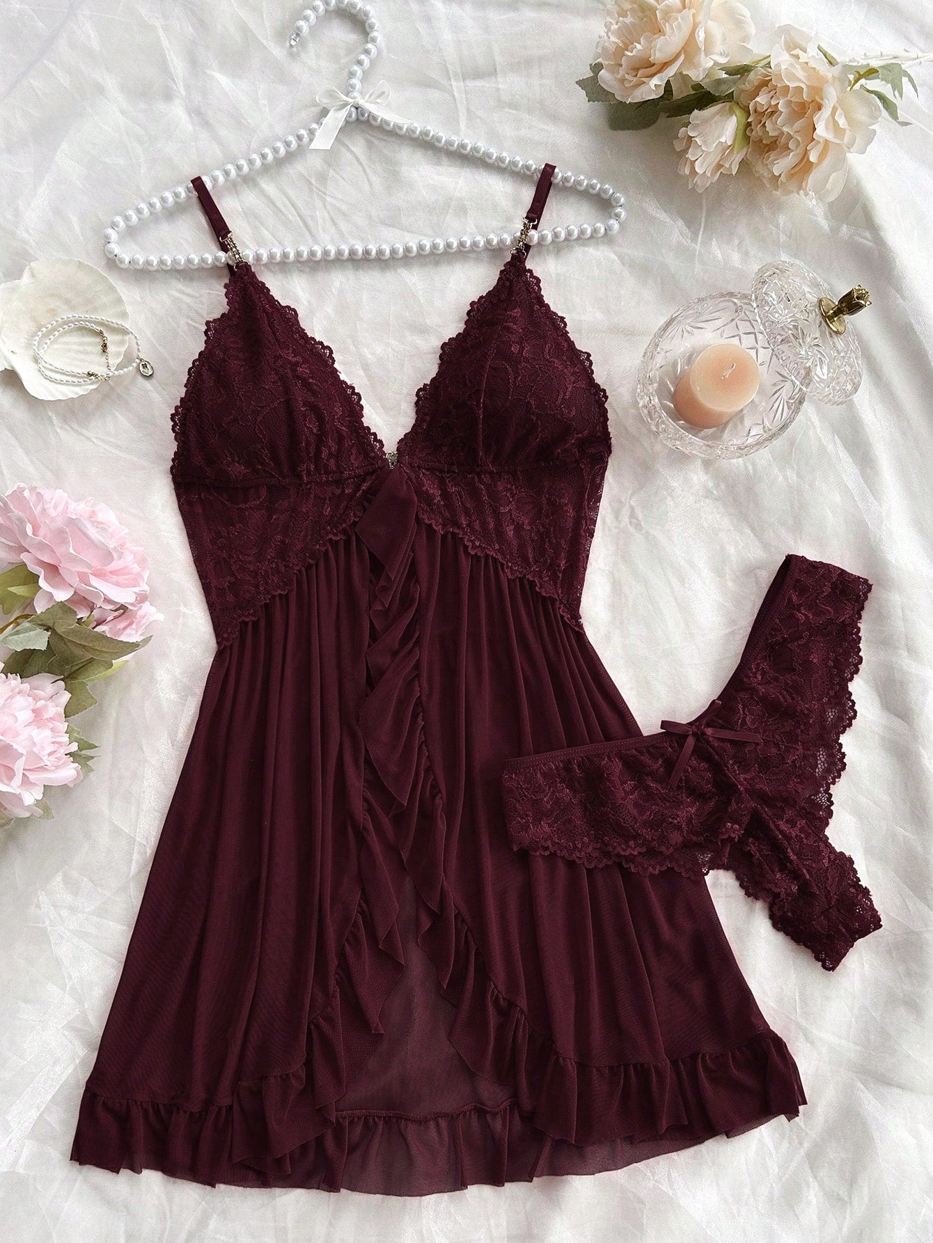Sexy Solid Color Lace Camisole Nightgown With Matching Lace Panties