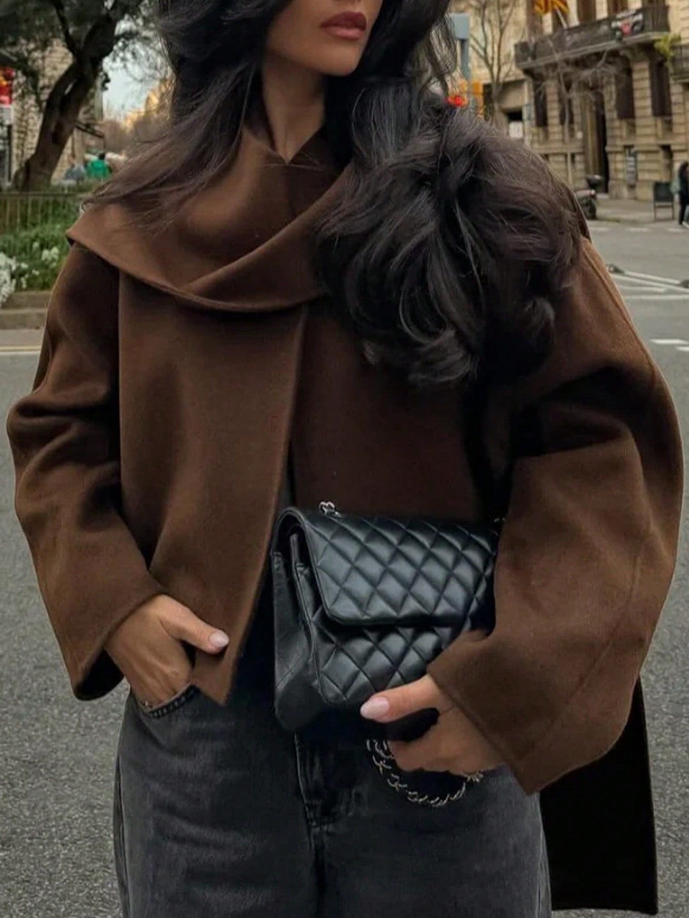 2 pc Elegant Solid Color V-Neck Long Sleeve Short Overcoat with scarf