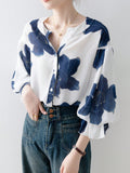 Shein Flower-Printed Button Ruffled Front-Buttoned Women's Shirt