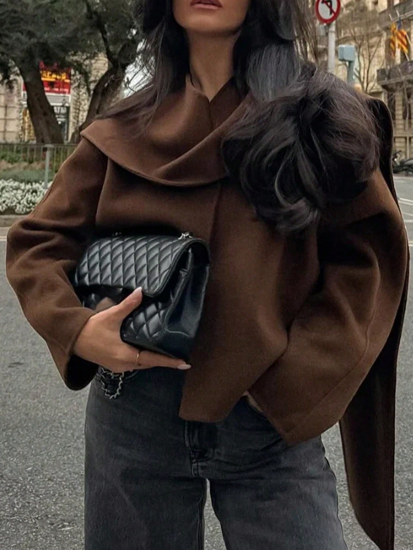 2 pc Elegant Solid Color V-Neck Long Sleeve Short Overcoat with scarf