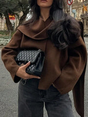 2 pc Elegant Solid Color V-Neck Long Sleeve Short Overcoat with scarf